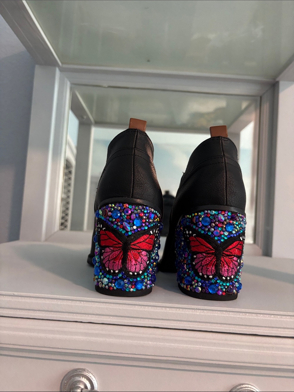 Dr. Scholl's Black Ankle Boots with Red Butterfly Embellished Heels